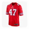 A front-view image of the custom red Bills #47 "Color Rush" game jersey with tackle twill numbers, and the team and NFL logo.