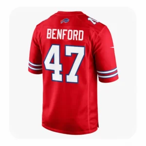 The reverse view of the Bills jersey, highlighting the player name "BENFORD" and the large white number "47" on a red background.