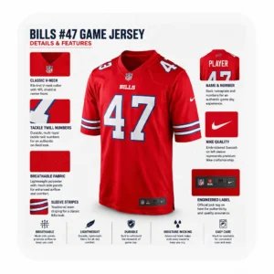 An informational graphic showcasing key features of the custom Bills jersey, including tackle twill numbers, breathable fabric, and moisture-wicking technology.