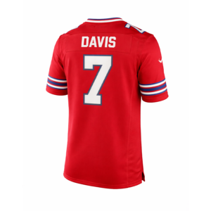 Back view of Ray Davis red jersey featuring white name and number 7 for Buffalo Bills fans.