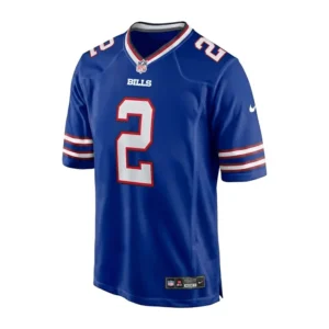 Front view of Buffalo Bills royal blue number 2 jersey showing NFL shield, team logo, and Nike branding details