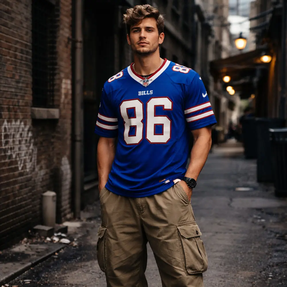 Buffalo Bills Dalton Kincaid Jersey – Royal Blue Game Day Apparel for Bills Mafia A man wearing a Dalton Kincaid #86 Buffalo Bills jersey in an urban setting, showing the comfortable loose fit and authentic on-field look.