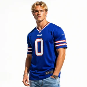 Lifestyle shot of a male model wearing the Keon Coleman #0 Buffalo Bills Royal Blue Jersey, showcasing the athletic fit and vibrant team colors.