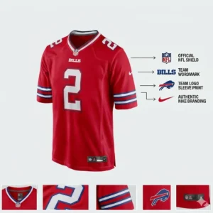 Detailed front image of Buffalo Bills red number 2 jersey highlighting NFL shield, team logo, and Nike branding