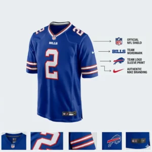 High-quality Buffalo Bills royal blue number 2 jersey with stitched details, mesh panels, and official NFL patch