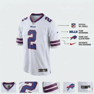 Detailed image of Buffalo Bills white number 2 jersey showing NFL shield, team logo, and Nike branding