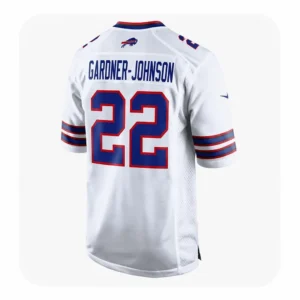 The back of the white Buffalo Bills #22 jersey showing the nameplate "GARDNER-JOHNSON" in blue block lettering. The number 22 is prominently centered in blue with a red border. A small Buffalo Bills charging buffalo logo is positioned at the top center of the back, just below the neckline.