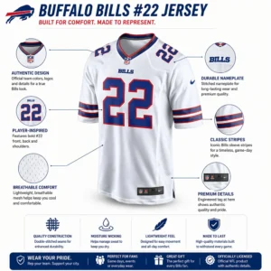 A promotional infographic for the Buffalo Bills #22 Jersey with callouts highlighting its features. Key details include the Authentic Design (NFL shield), Durable Nameplate, Classic Stripes on the sleeves, and Breathable Mesh side panels. Icons at the bottom emphasize quality construction, moisture-wicking technology, and official NFL licensing.