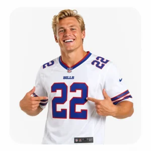 A smiling blonde man wearing the Buffalo Bills #22 jersey against a white background. He is pointing both index fingers at the large blue 