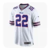 A studio product shot of a white Buffalo Bills #22 jersey displayed on an invisible mannequin. The jersey features royal blue numbers with a red outline, the "BILLS" wordmark below the NFL shield at the collar, and red and blue stripes on the sleeves. A black Nike "size M" jock tag is visible at the bottom hem.