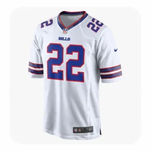A studio product shot of a white Buffalo Bills #22 jersey displayed on an invisible mannequin. The jersey features royal blue numbers with a red outline, the "BILLS" wordmark below the NFL shield at the collar, and red and blue stripes on the sleeves. A black Nike "size M" jock tag is visible at the bottom hem.