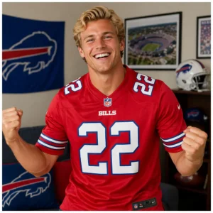 A smiling man with blonde hair enthusiastically celebrating while wearing the red Buffalo Bills number 22 jersey in a room decorated with Bills memorabilia and a stadium photo.