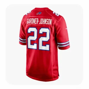 Back view of a red Buffalo Bills jersey with "GARDNER-JOHNSON" printed in white block letters across the nameplate above the number 22, featuring a small Bills logo on the nape.