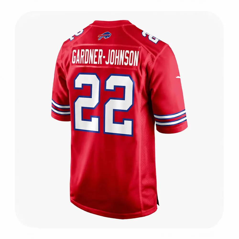 CJ Gardner-Johnson Red Jersey Back Back view of a red Buffalo Bills jersey with "GARDNER-JOHNSON" printed in white block letters across the nameplate above the number 22, featuring a small Bills logo on the nape.