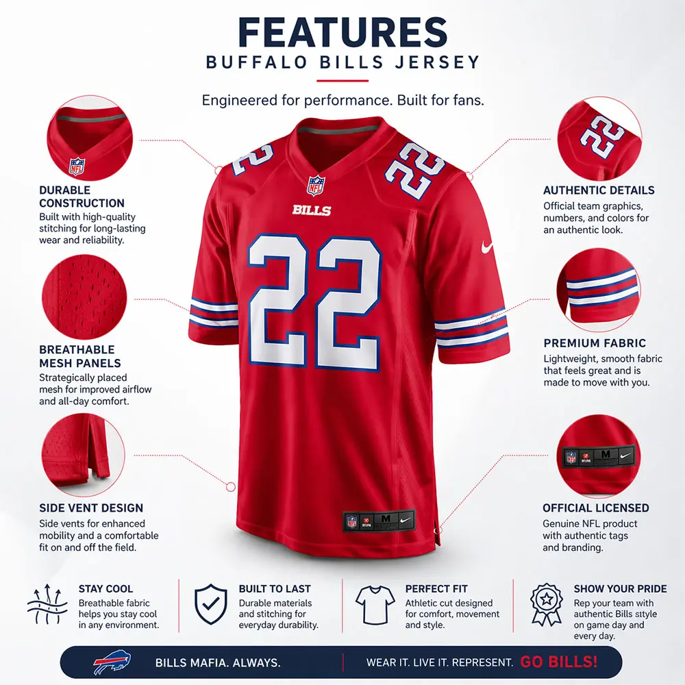 CJ Gardner-Johnson Red Jersey Features A smiling man with blonde hair enthusiastically celebrating while wearing the red Buffalo Bills number 22 jersey in a room decorated with Bills memorabilia and a stadium photo.