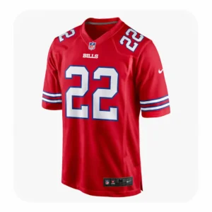 Front view of an official red Buffalo Bills NFL jersey featuring the number 22 in white with blue trim and the "BILLS" wordmark below the NFL shield on the collar.