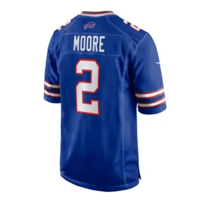 Back view of DJ Moore Buffalo Bills royal blue jersey with number 2 and name Moore in white and red lettering