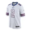 Front view of DJ Moore Buffalo Bills white jersey with number 2 in red and blue detailing