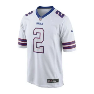 Front view of DJ Moore Buffalo Bills white jersey with number 2 in red and blue detailing