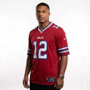 Model wearing Buffalo Bills red jersey with number 12 showing fit, style, and premium fabric quality