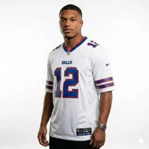 Model wearing Buffalo Bills white jersey with number 12 showing fit, comfort, and premium fabric quality