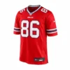 Front view of the vibrant Red Nike Buffalo Bills Color Rush jersey featuring Dalton Kincaid’s #86 with high-quality screen-printed numbers and team logos.