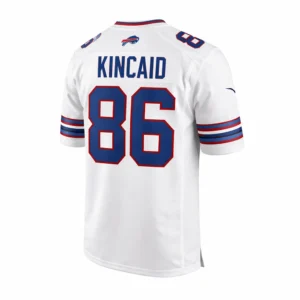 Back view of Dalton Kincaid white jersey showing "KINCAID" and number 86 in official Bills font.