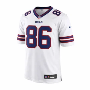 Front view of Dalton Kincaid #86 white Buffalo Bills jersey with blue and red numbering.