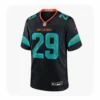 Front view of a black Miami Dolphins NFL game jersey featuring teal numbers with orange outlines, the team name "MIAMI" on the chest, and the official NFL shield on the V-neck collar.
