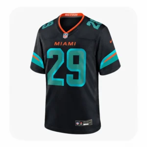Front view of a black Miami Dolphins NFL game jersey featuring teal numbers with orange outlines, the team name "MIAMI" on the chest, and the official NFL shield on the V-neck collar.