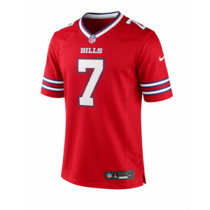 Front view of Ray Davis #7 Buffalo Bills red jersey with Nike swoosh and NFL logo.