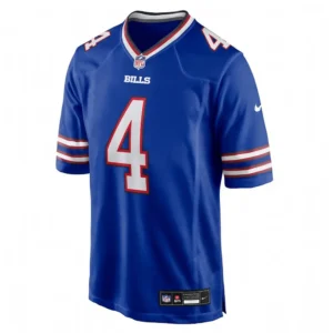 Front view of blue James Cook #4 Buffalo Bills NFL jersey with stitched numbers and team logo.