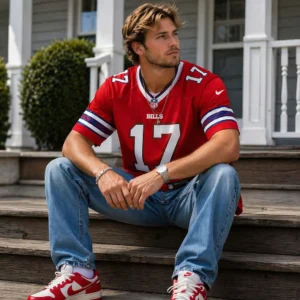 Detailed features of Josh Allen Red Jersey: NFL shield, Nike swoosh, and breathable fabric