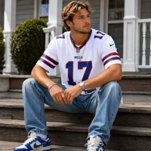 Lifestyle shot of a fan wearing Josh Allen Buffalo Bills White Away Jersey