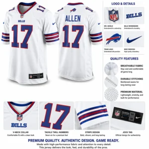 Detailed features of Josh Allen White Jersey: NFL shield and Nike swoosh