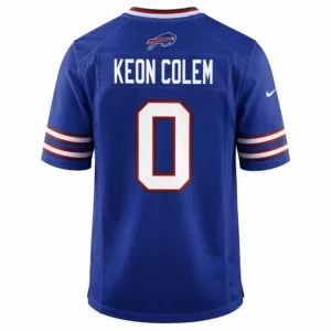 Back view of Keon Coleman #0 Buffalo Bills Royal Blue Jersey showing the player's name "COLEMAN" and number 0 in high-quality stitching.
