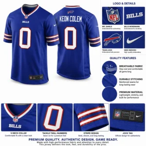 Detailed features of Keon Coleman Buffalo Bills Jersey including embroidered NFL shield, breathable fabric, durable stitching, and official jock tag.