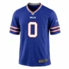 Front view of Keon Coleman #0 Buffalo Bills Royal Blue Game Jersey featuring white tackle twill numbers and the Bills wordmark on the chest.