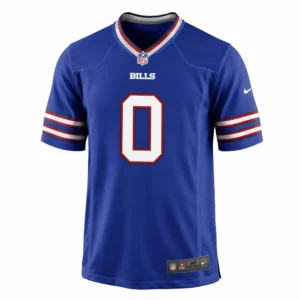 Front view of Keon Coleman #0 Buffalo Bills Royal Blue Game Jersey featuring white tackle twill numbers and the Bills wordmark on the chest.