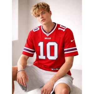 Blond male model wearing Buffalo Bills Khalil Shakir #10 red Nike Game jersey lifestyle photo
