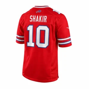 Back view Buffalo Bills Khalil Shakir #10 red jersey showing name and number detail