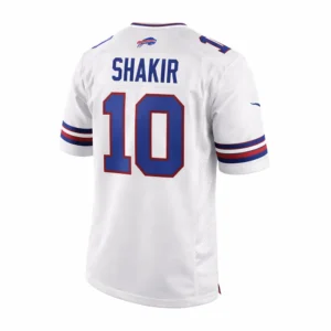Khalil Shakir #10 Buffalo Bills white away jersey back view name and number authentic NFL Nike jersey