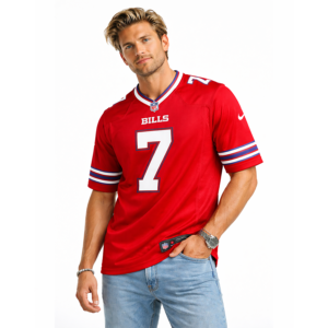 Male model wearing Ray Davis red Buffalo Bills jersey in a relaxed loose fit style.