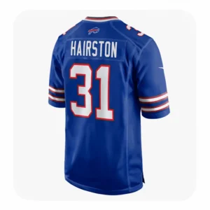 Back of the royal blue Maxwell Hairston Buffalo Bills jersey showing player name "HAIRSTON" and number 31 in white and red tackle twill.