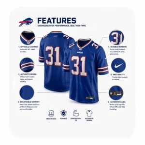 Product feature graphic for the Maxwell Hairston jersey highlighting breathable mesh panels, durable numbers, and official Nike/NFL labels.