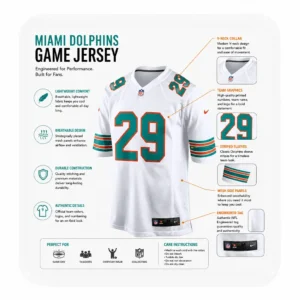Infographic for the Dolphins Storm Duck white jersey highlighting breathable mesh panels, V-neck collar, and official NFL engineered tag.