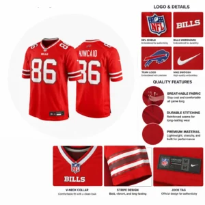 A detailed infographic showing the quality features of the red Dalton Kincaid jersey, including the embroidered NFL shield, Nike swoosh, and breathable mesh fabric.