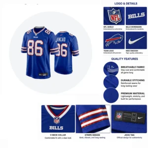 A collage showing close-up details of the Dalton Kincaid jersey, including the embroidered NFL shield, Bills wordmark, and Nike swoosh on premium mesh fabric.