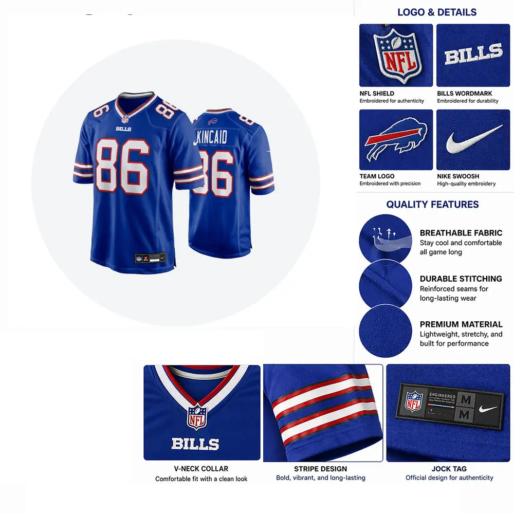 Nike Dalton Kincaid Bills #86 Jersey – Breathable Royal Blue Fashion Game Gear A collage showing close-up details of the Dalton Kincaid jersey, including the embroidered NFL shield, Bills wordmark, and Nike swoosh on premium mesh fabric.