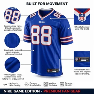 Infographic of Dawson Knox Buffalo Bills Jersey features showing mesh panels and NFL shield details